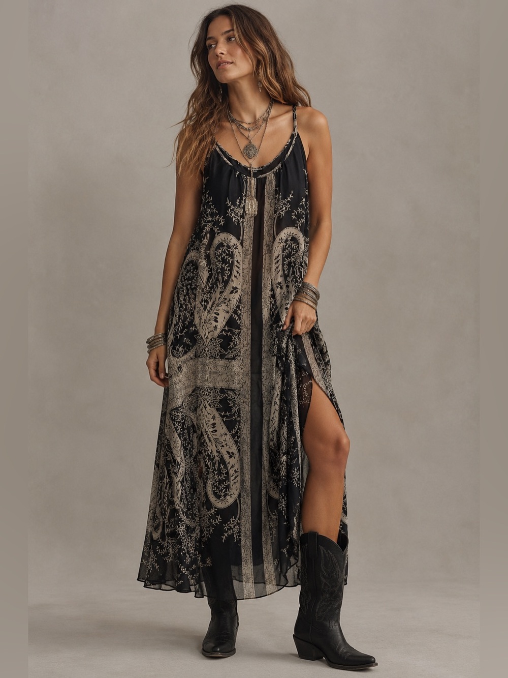 Express Sleeveless Bohemian Black Paisley Maxi Slip Dress Medium Festival Summer